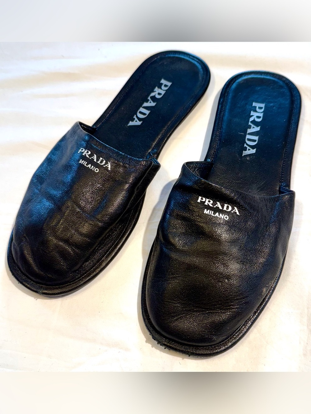 PRADA Black Leather Slides Mules Slippers Loafers - Picture 2 of 14